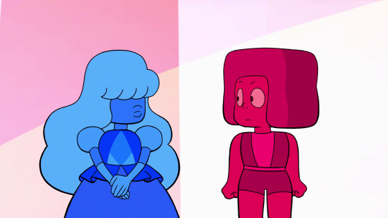 Sapphire, left, and Ruby, right, make eye contact.